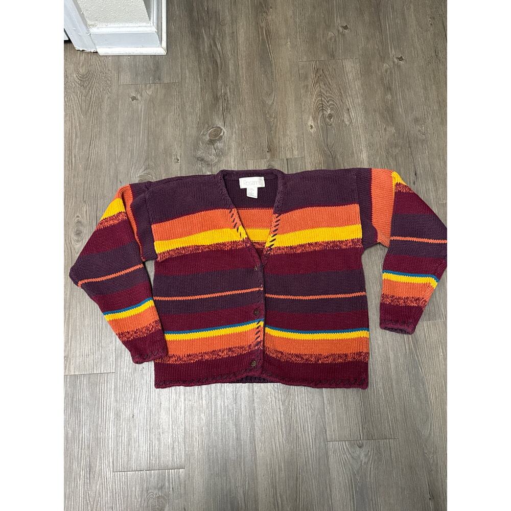 Vintage Rosanna Cotton Knit Striped Burgundy Chunky Cardigan Size Small - Picture 2 of 6